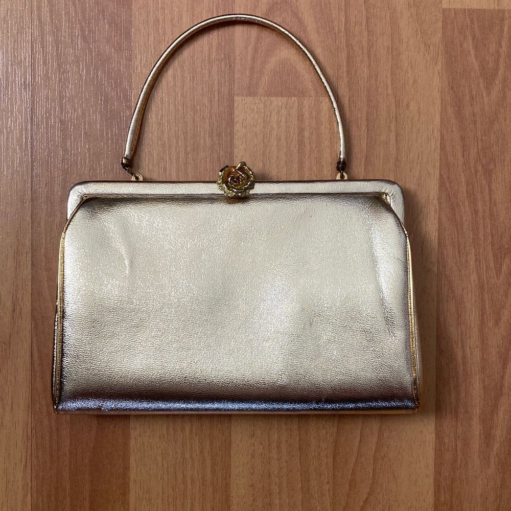Vintage 60s After 5 Metallic Gold Evening Bag Clutch and Rose Metal Closure